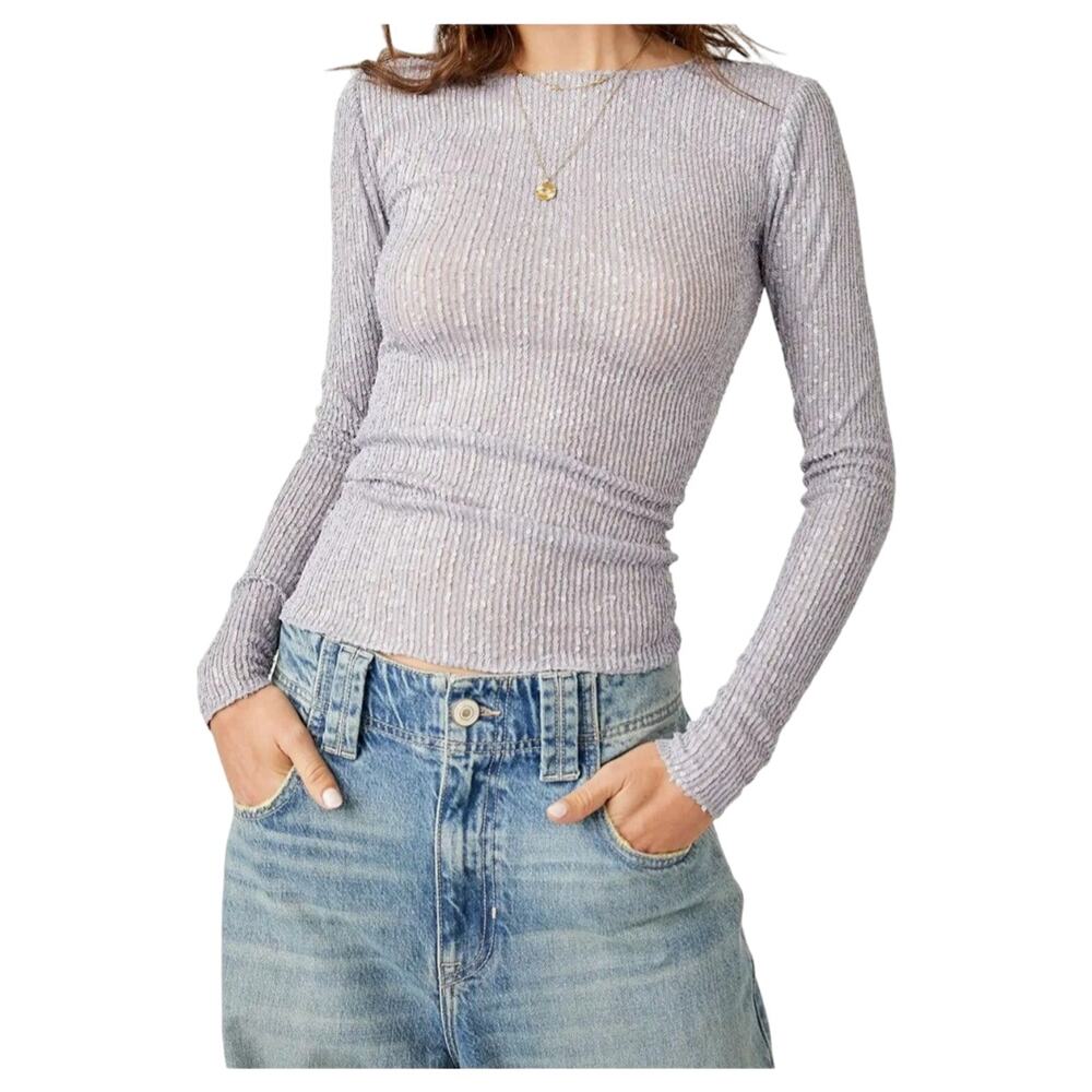 Free People Gold Rush Womens High Neck Sequin Detailing Semi Sheer Top Size M